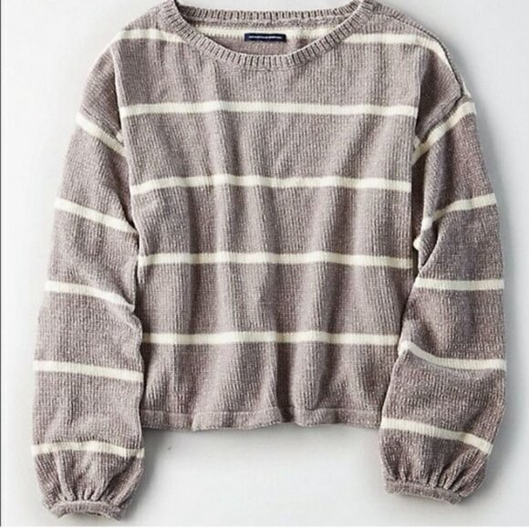 American Eagle Gray/White Stripe Chenille Cropped Sweater - Picture 1 of 7